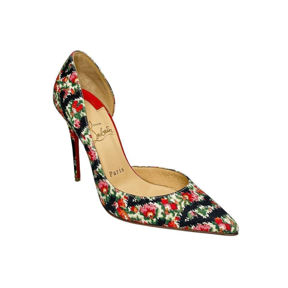 Christian Louboutin Iriza 100 Floral D’Orsay Pumps EU 37 Red Sole Heels Multi